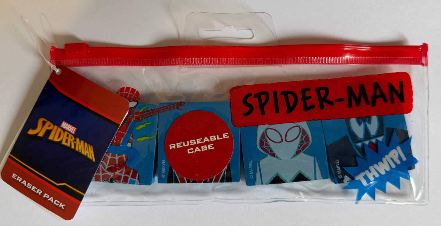 A Spider-Man themed zippered pouch containing various comic book stickers, shown on a plain white background. The pouch has a red zipper and a red label reading 'SPIDER-MAN', with a hang tag showing Marvel branding.