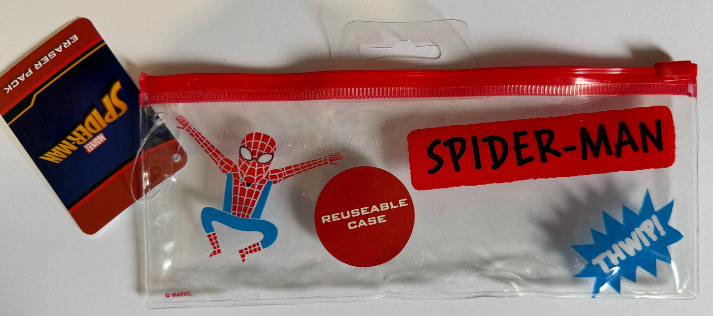 A Spider-Man themed reusable zippered pouch in clear plastic with a red zipper, featuring red and blue graphics including a Spider-Man character, a red 'SPIDER-MAN' label, a red 'REUSABLE CASE' sticker, and a blue 'THWIP!' starburst. A red and blue Spider-Man retail tag is attached on the left, set against a plain white background.