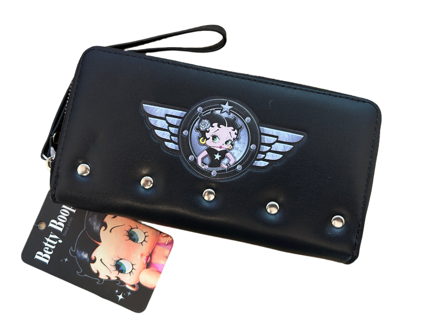 Betty Boop Large Zip-Around Black Purse with Wrist Strap