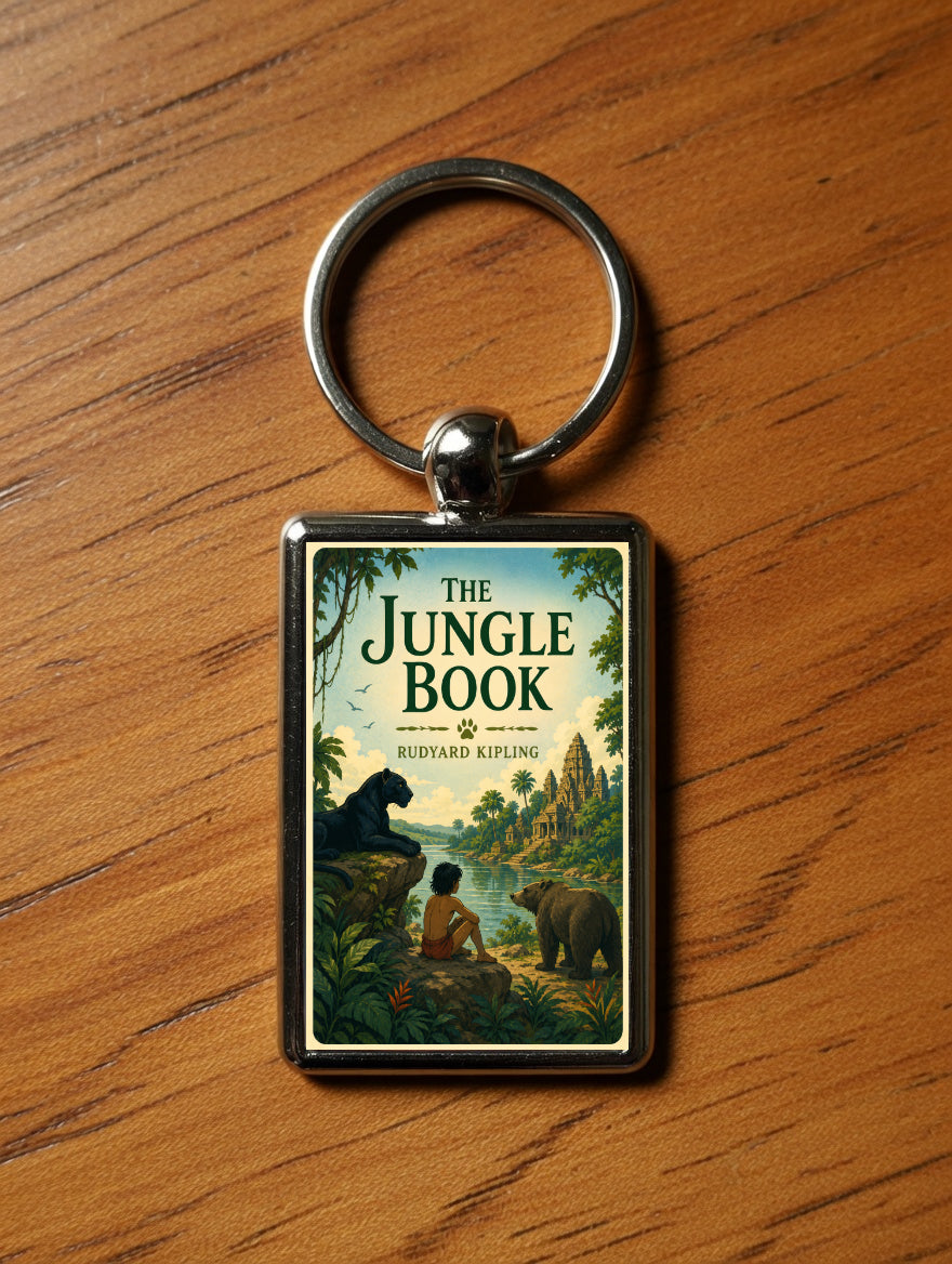 The Jungle Book metal keyring on a wooden table