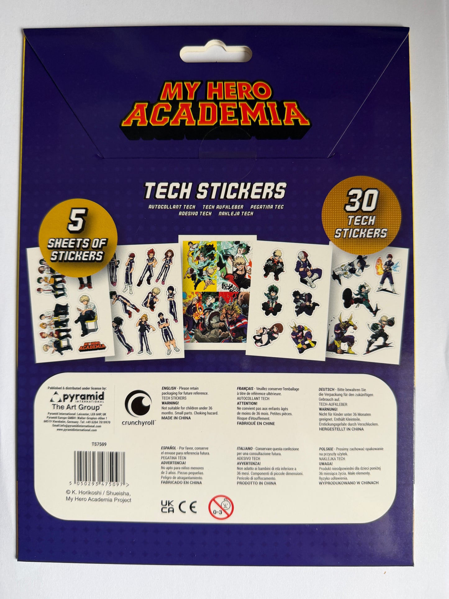Packaging of 'My Hero Academia' tech stickers with character illustrations on a purple background.