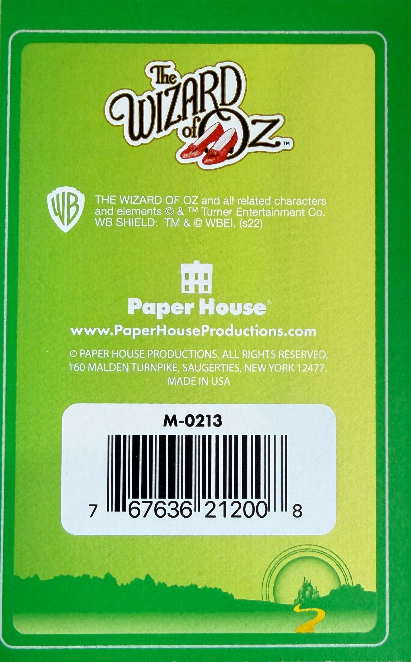 Back of a card featuring 'The Wizard of Oz' branding with a green border and 'Paper House' logo.