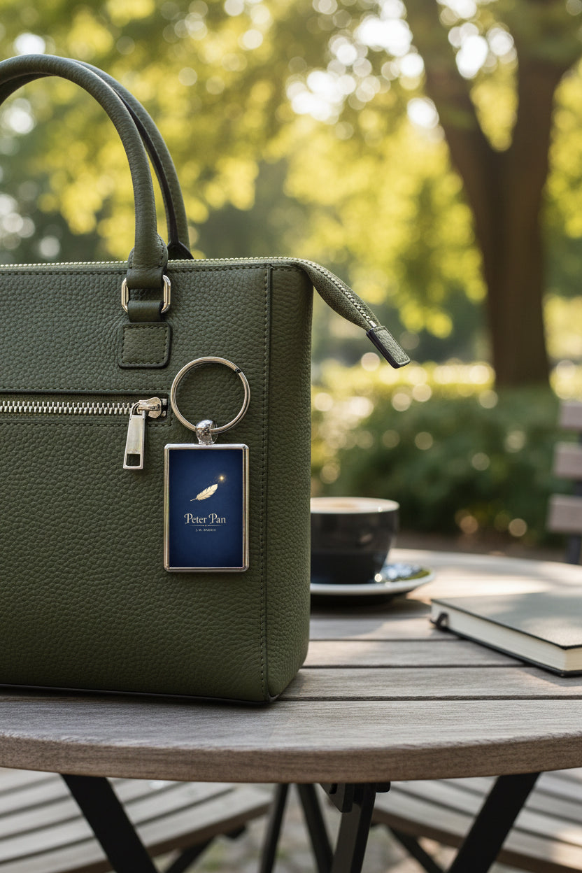 Peter Pan metal keyring attached to a handbag