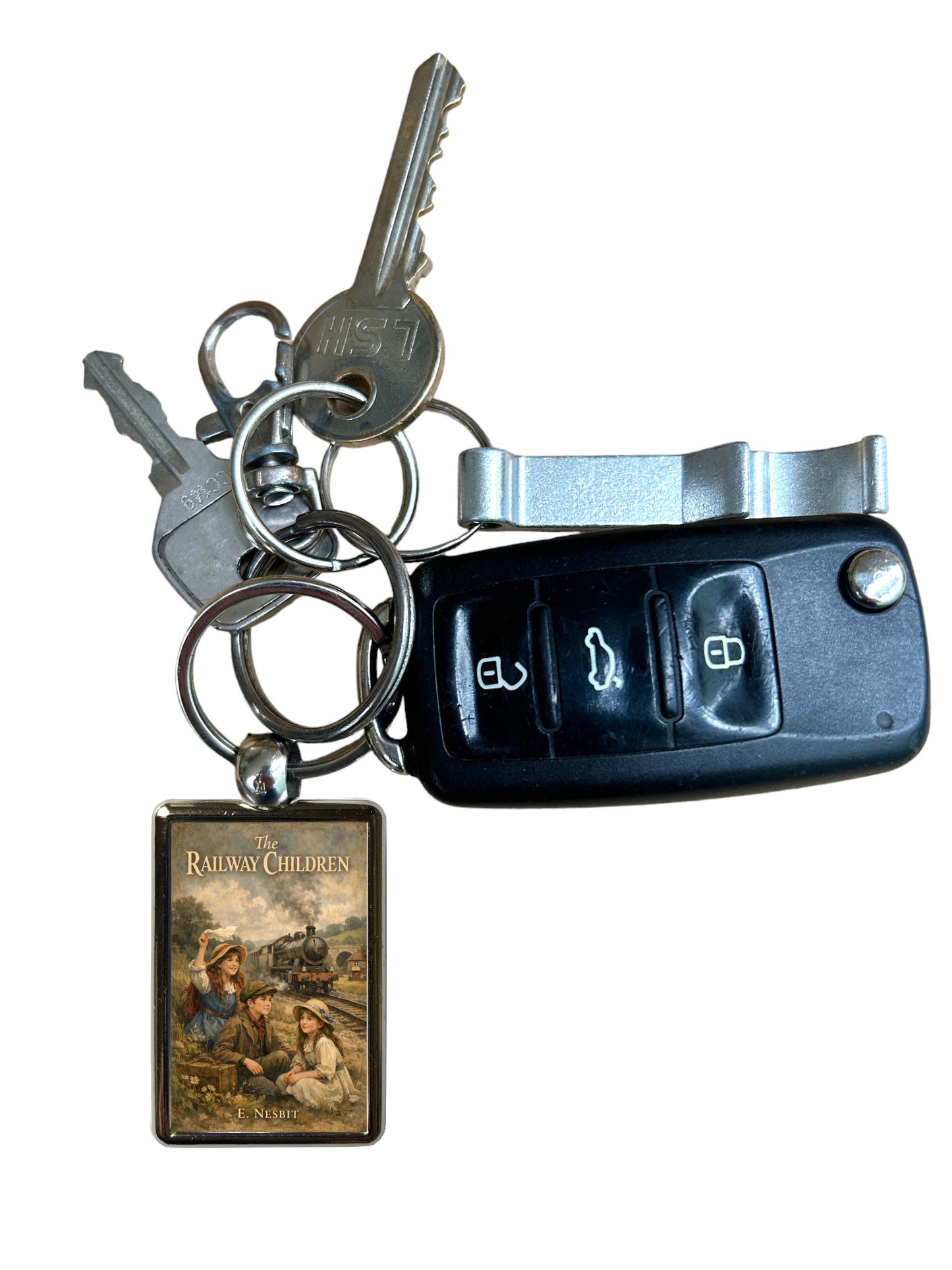 The Railway Children metal keyring attached to keys