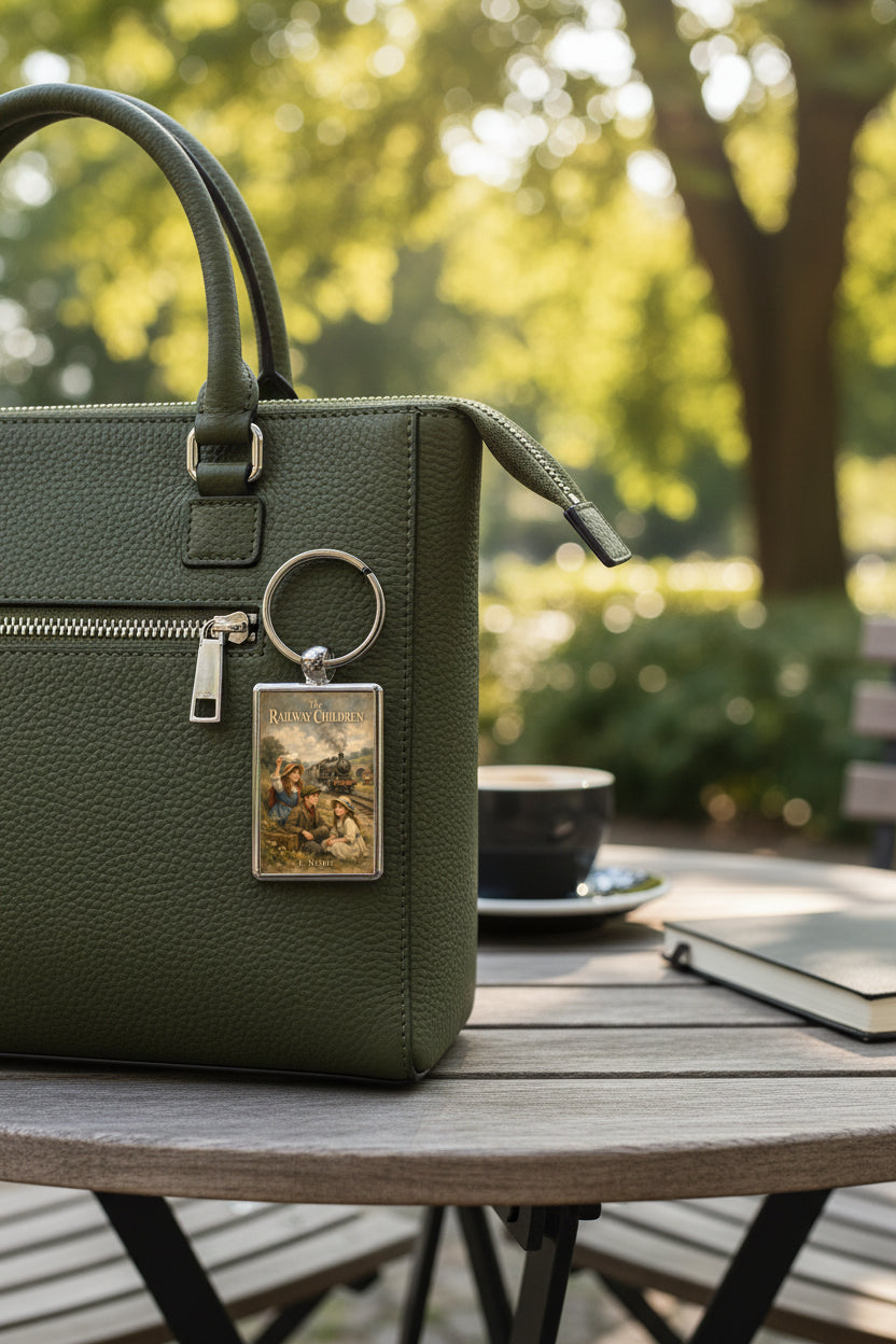 The Railway Children metal keyring attached to a handbag