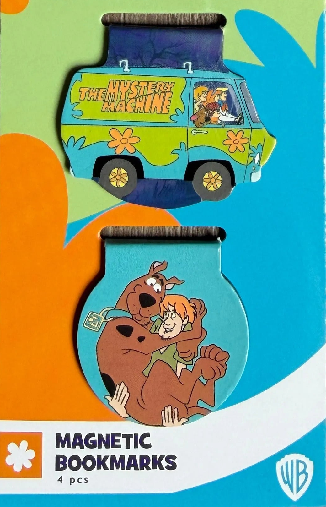 Magnetic bookmarks with Scooby-Doo and Mystery Machine design on a colorful background