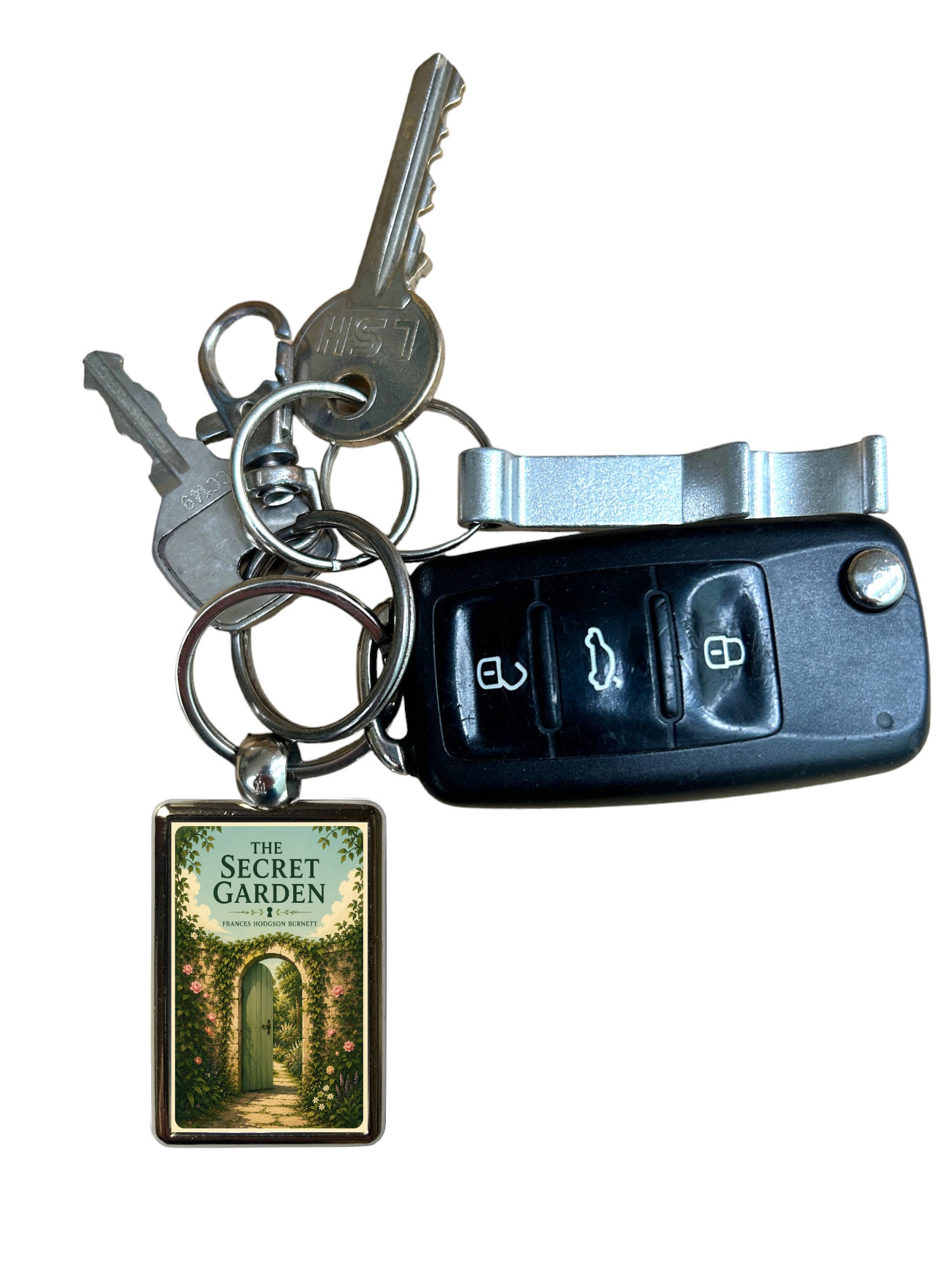 The Secret Garden Gate design metal keyring attached to keys