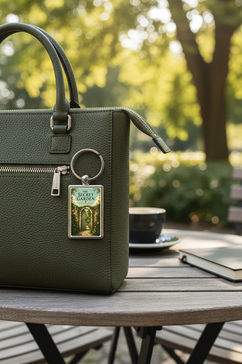 The Secret Garden Gate design metal keyring attached to a handbag