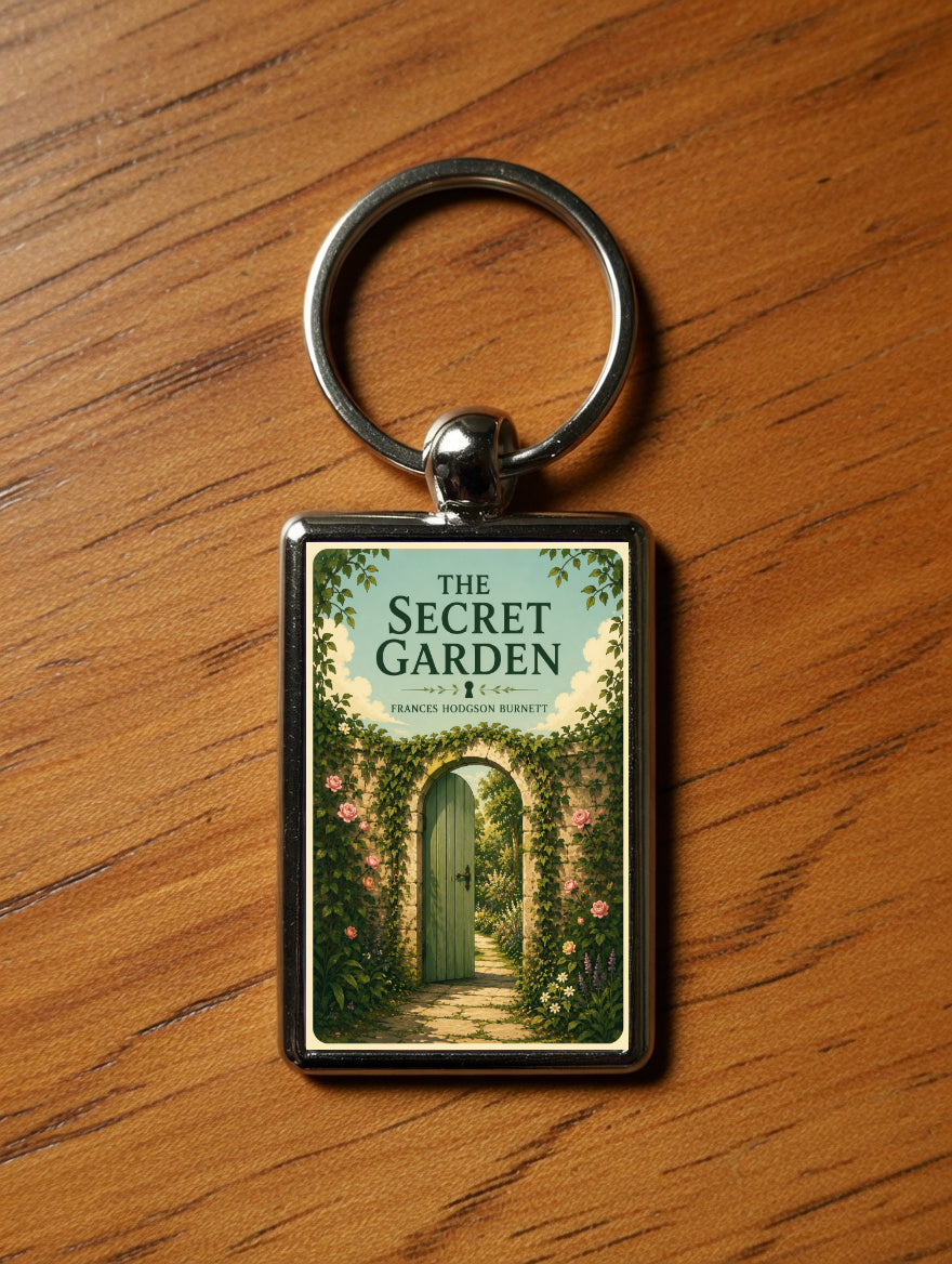 The Secret Garden Gate design metal keyring on a wooden table