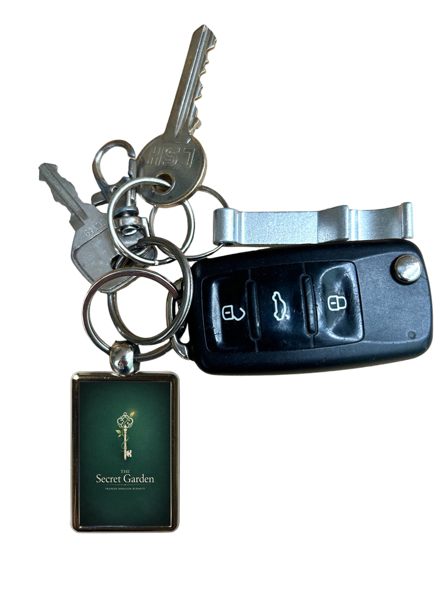 The Secret Garden metal keyring attached to keys