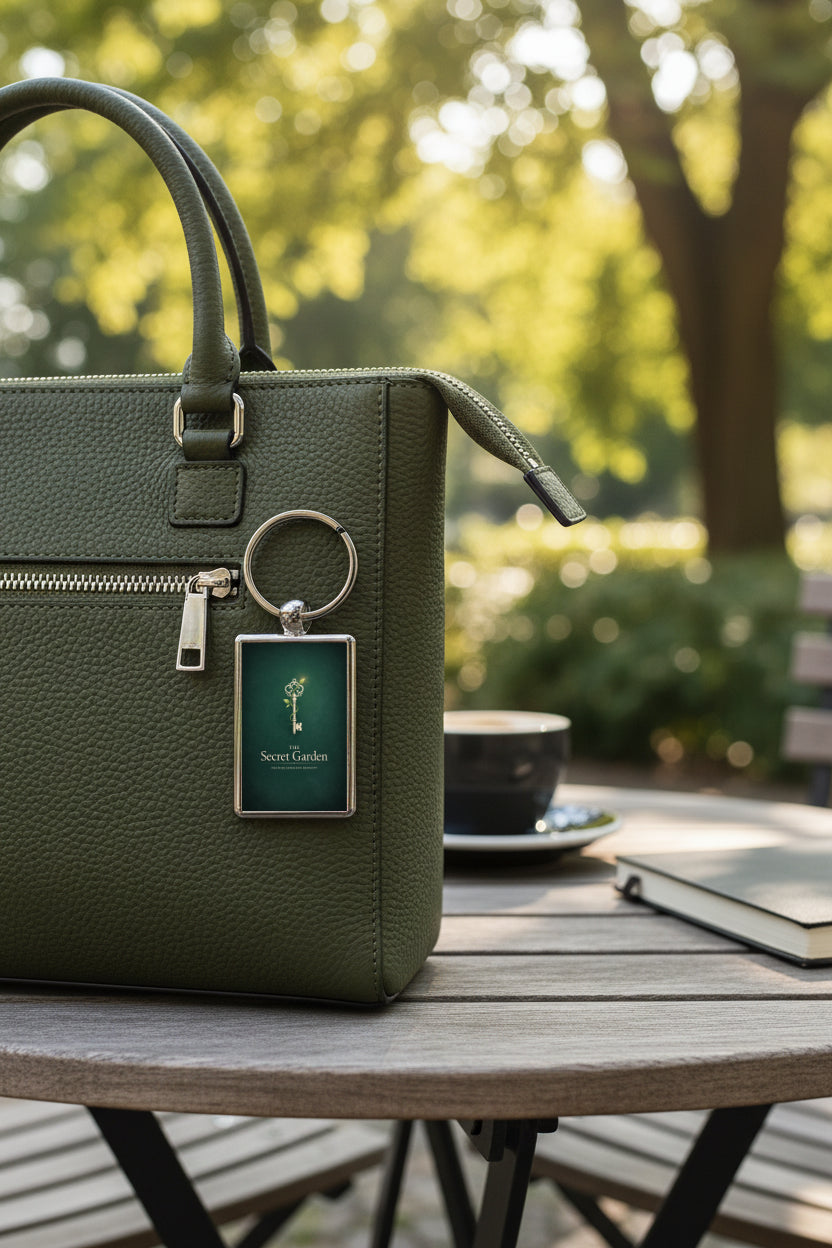The Secret Garden metal keyring attached to a handbag