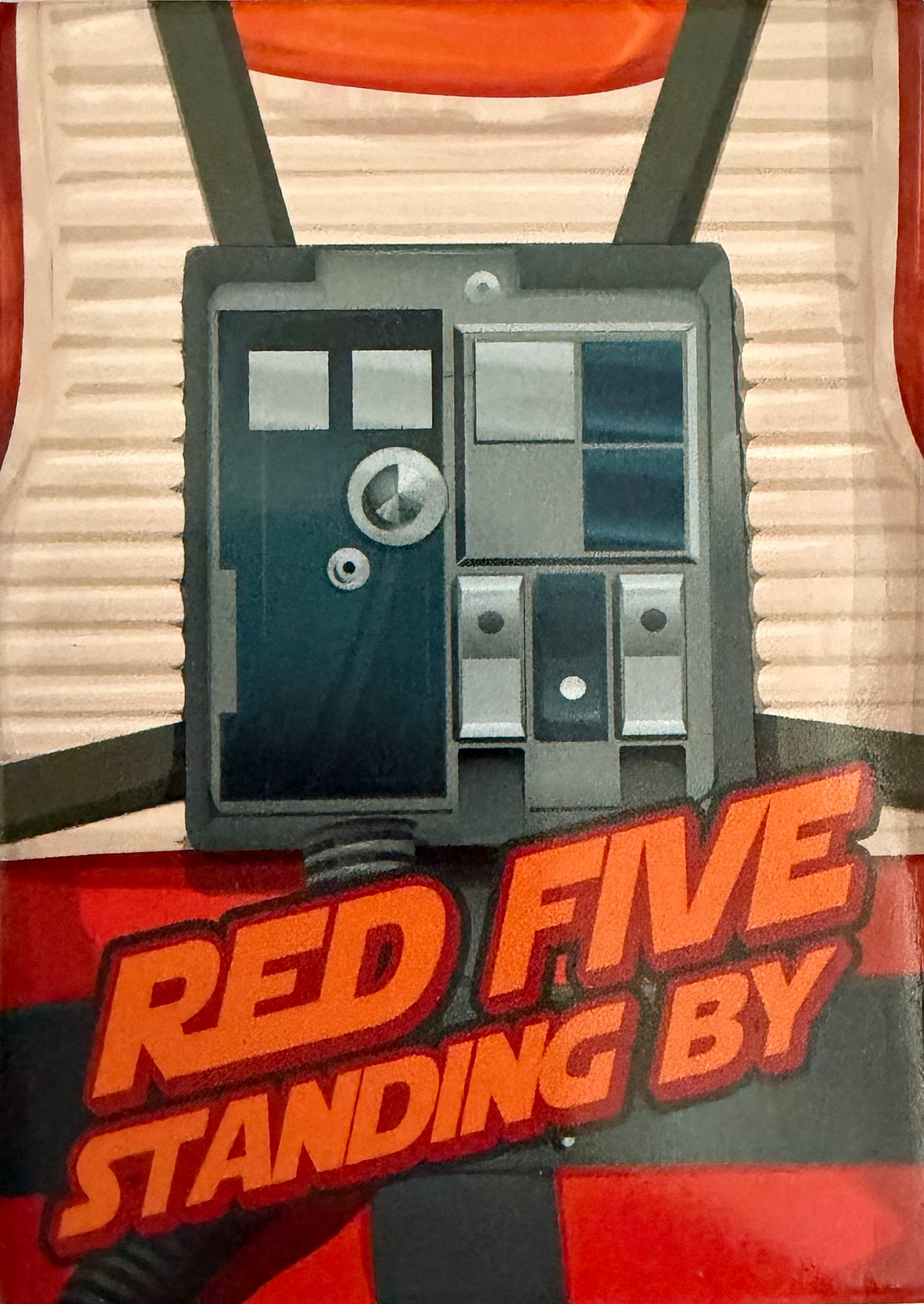 Vintage-style poster with a door and 'Red Five Standing By' text on a red and beige background.