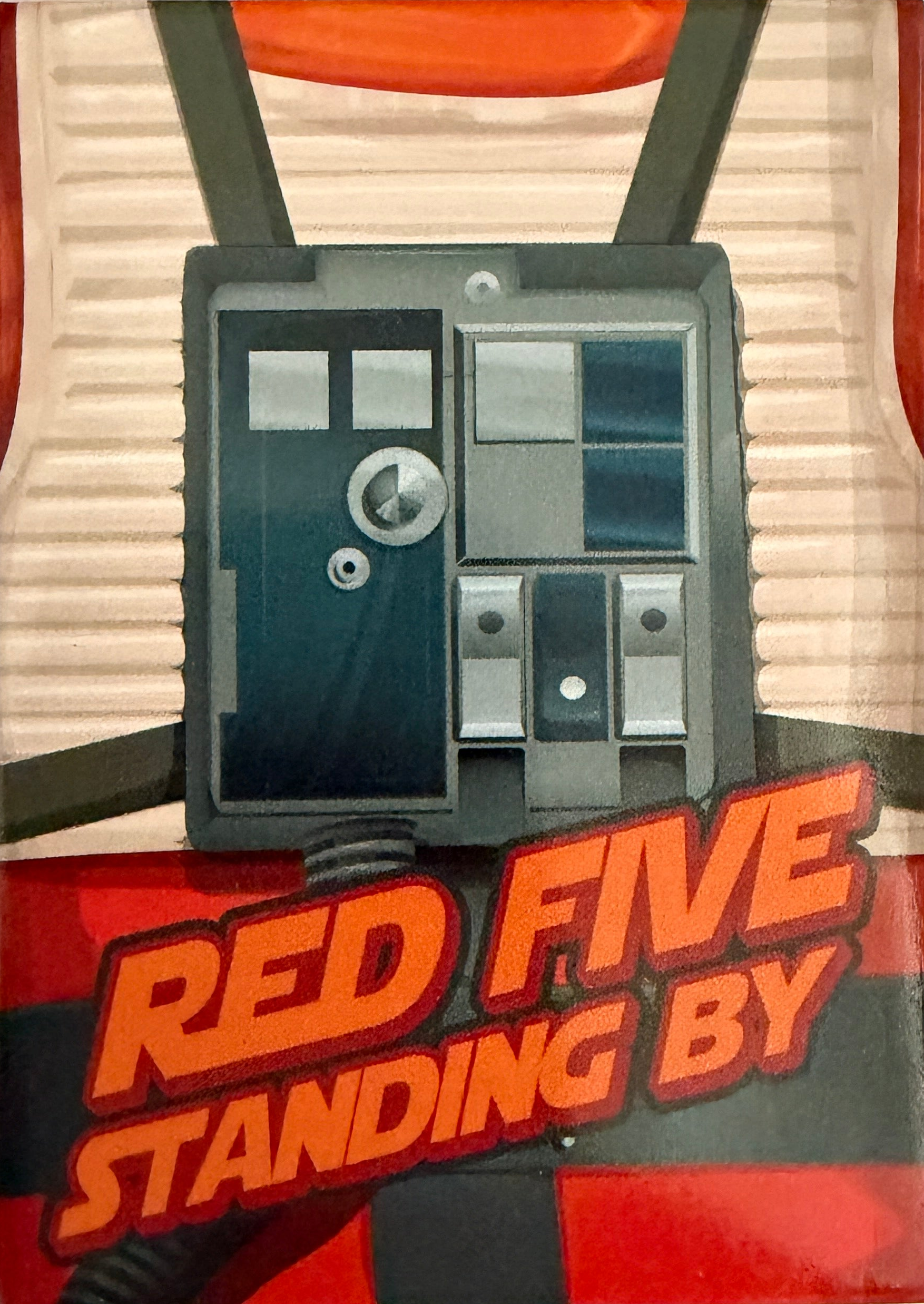 Vintage-style poster with a door and 'Red Five Standing By' text on a red and beige background.