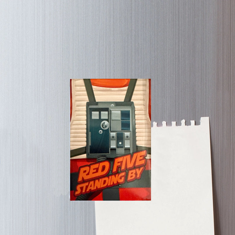 Magnet with a door illustration and 'Red Five Standing By' text on a textured gray background