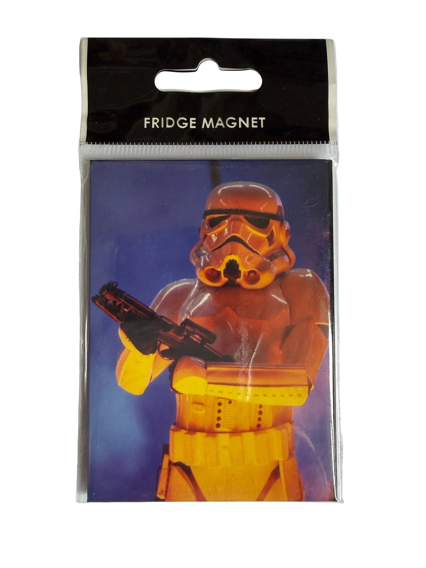 Fridge magnet packaging with a stormtrooper design on a white background