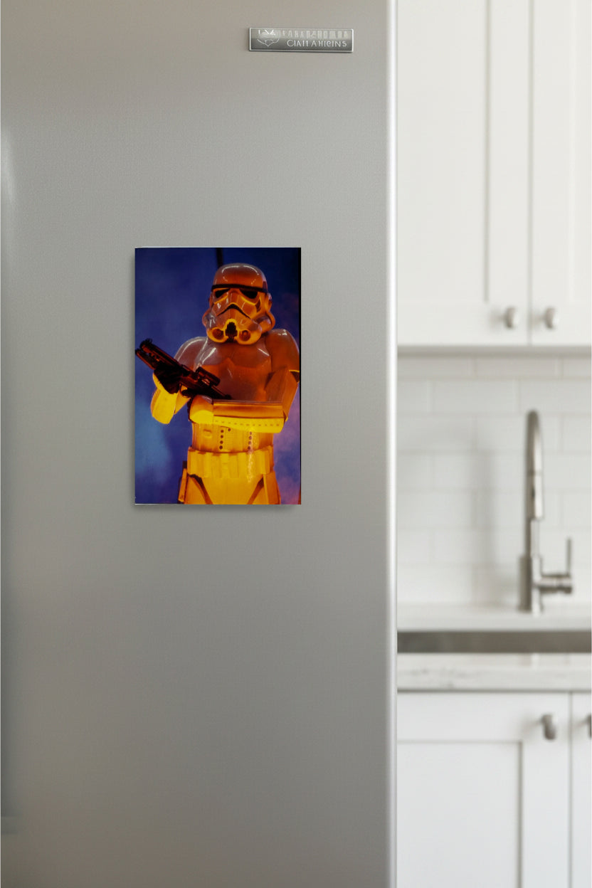 Fridge with a Star Wars-themed Star Wars Stormtrooper of a stormtrooper on a kitchen wall.