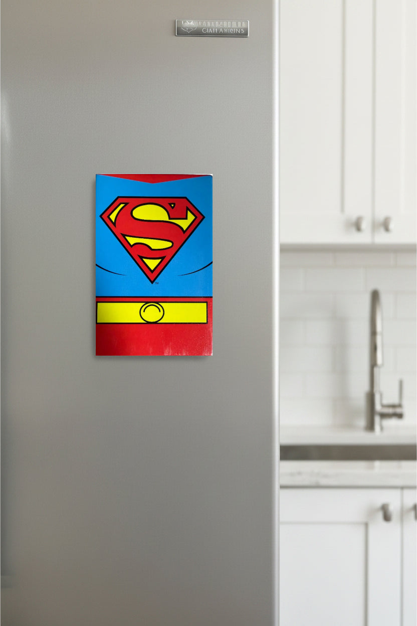 Superman logo magnet on a refrigerator in a kitchen setting