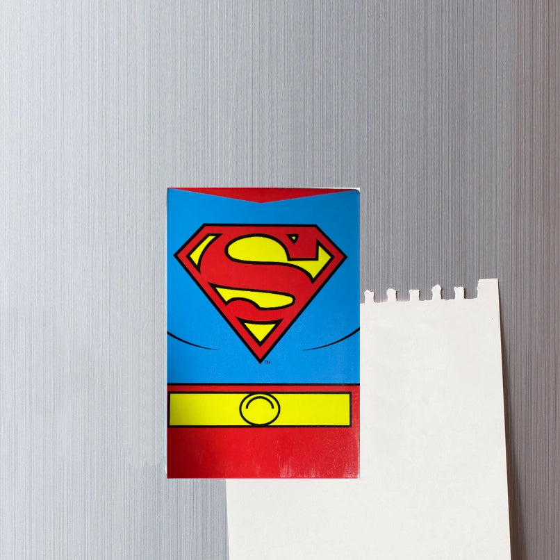 Superman logo on a blue background with a white border