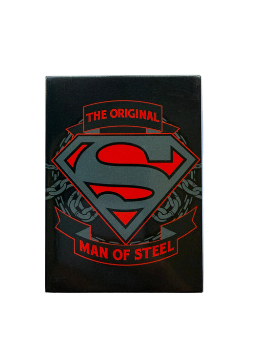 Superman logo with 'The Original Man of Steel' text on a black background
