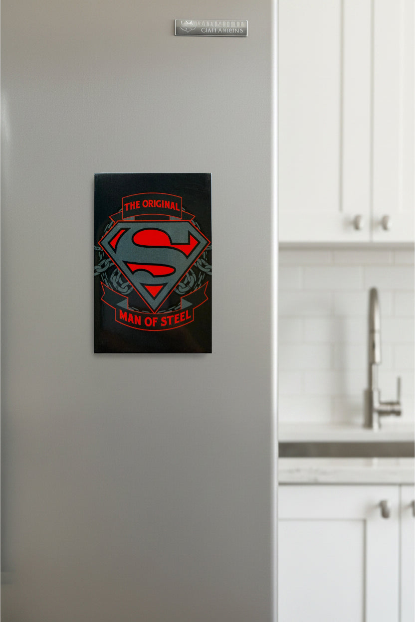 Superman logo on a refrigerator in a kitchen setting