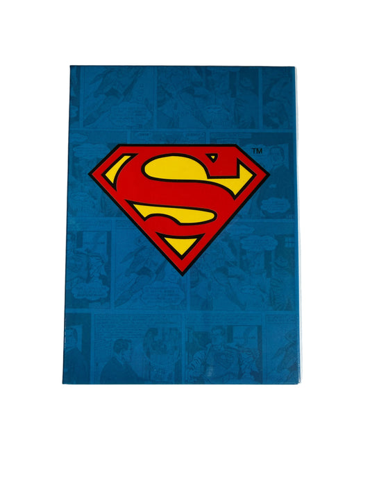 Superman logo on a blue background with comic book text bubbles.
