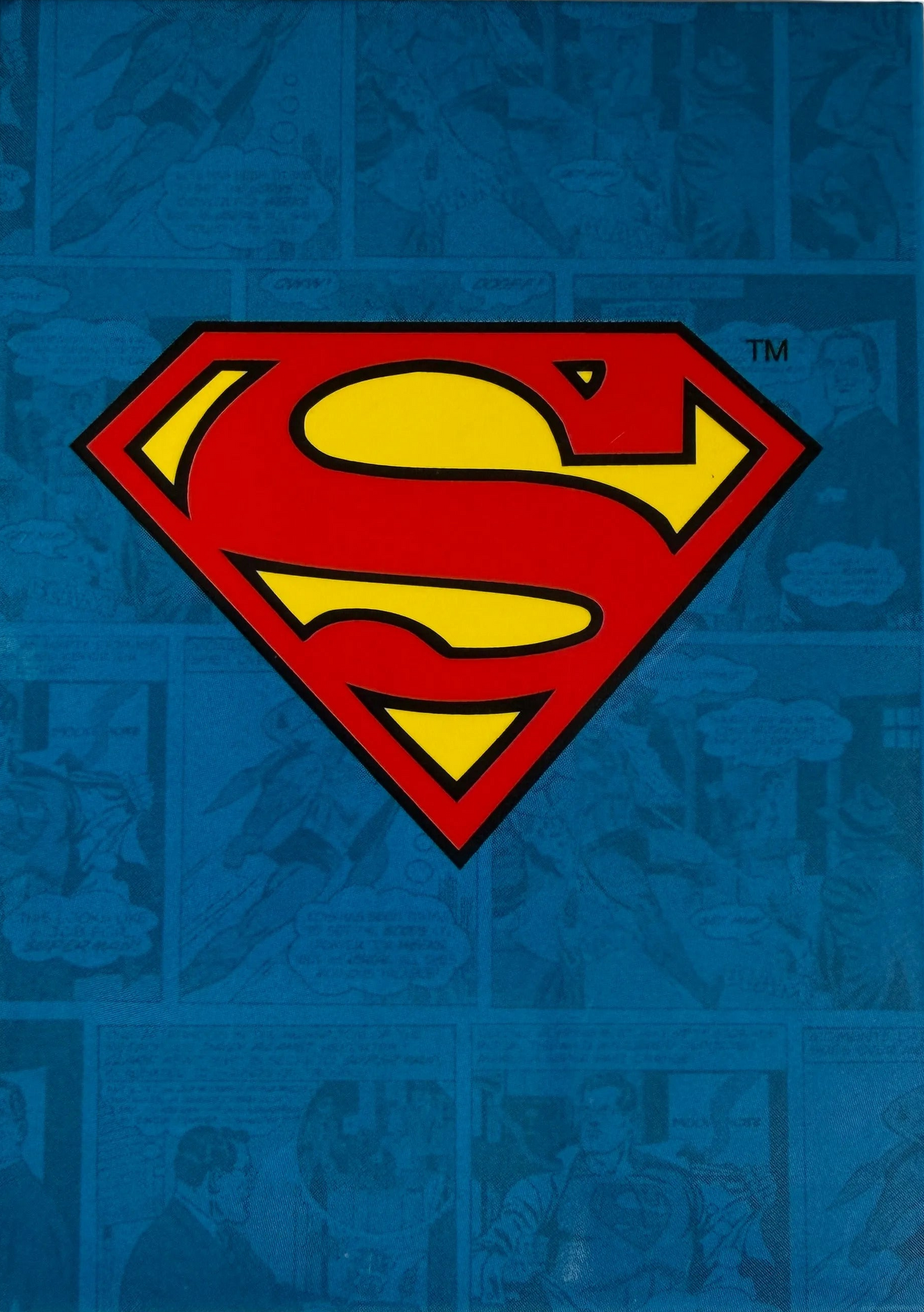 Superman logo on a blue background with comic book panels