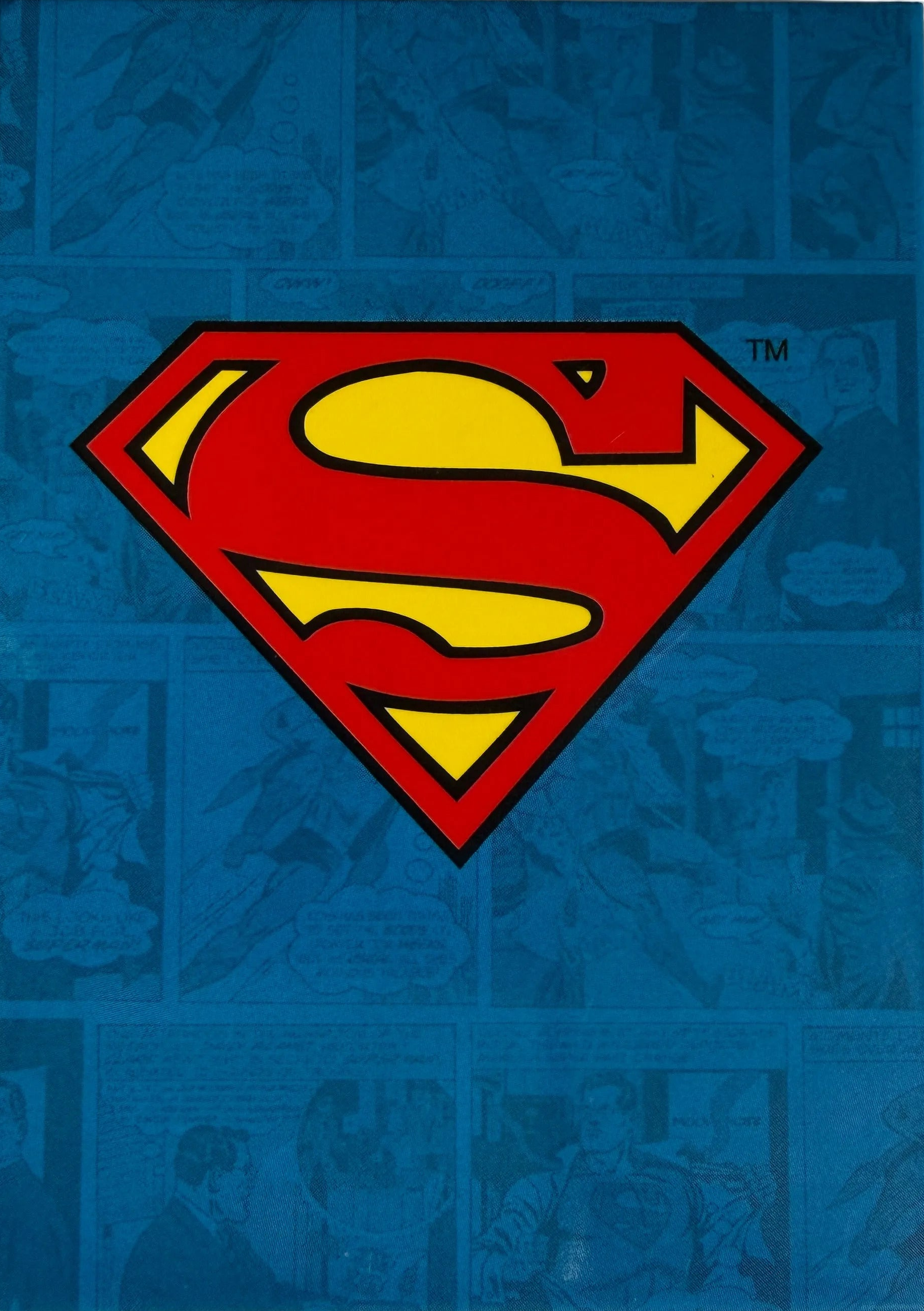 Superman logo on a blue background with comic book panels