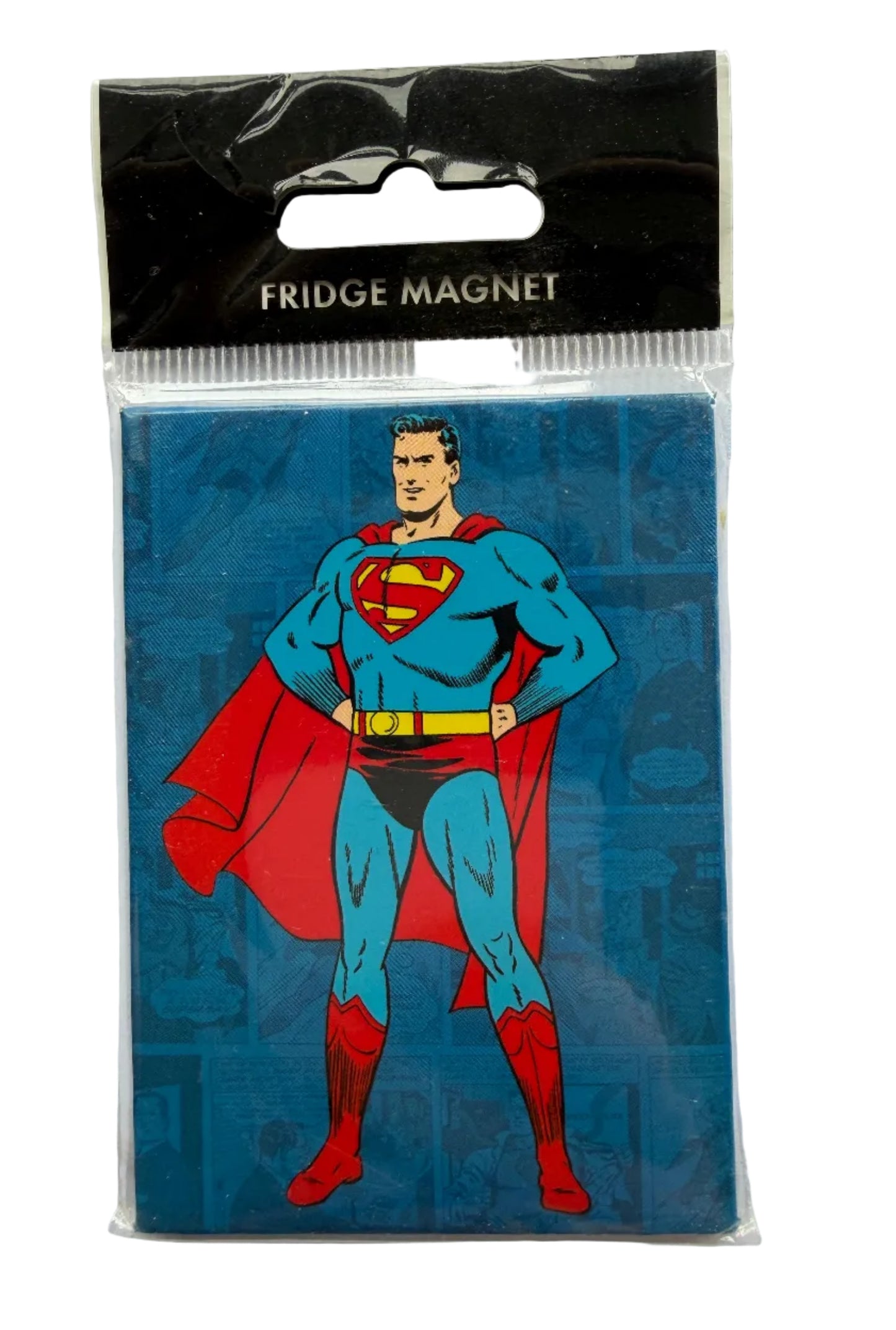 Superman fridge magnet packaging with character on blue background