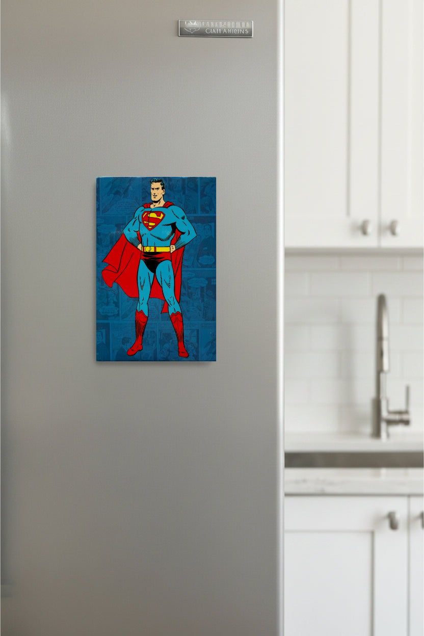 Superman poster on a refrigerator in a kitchen setting