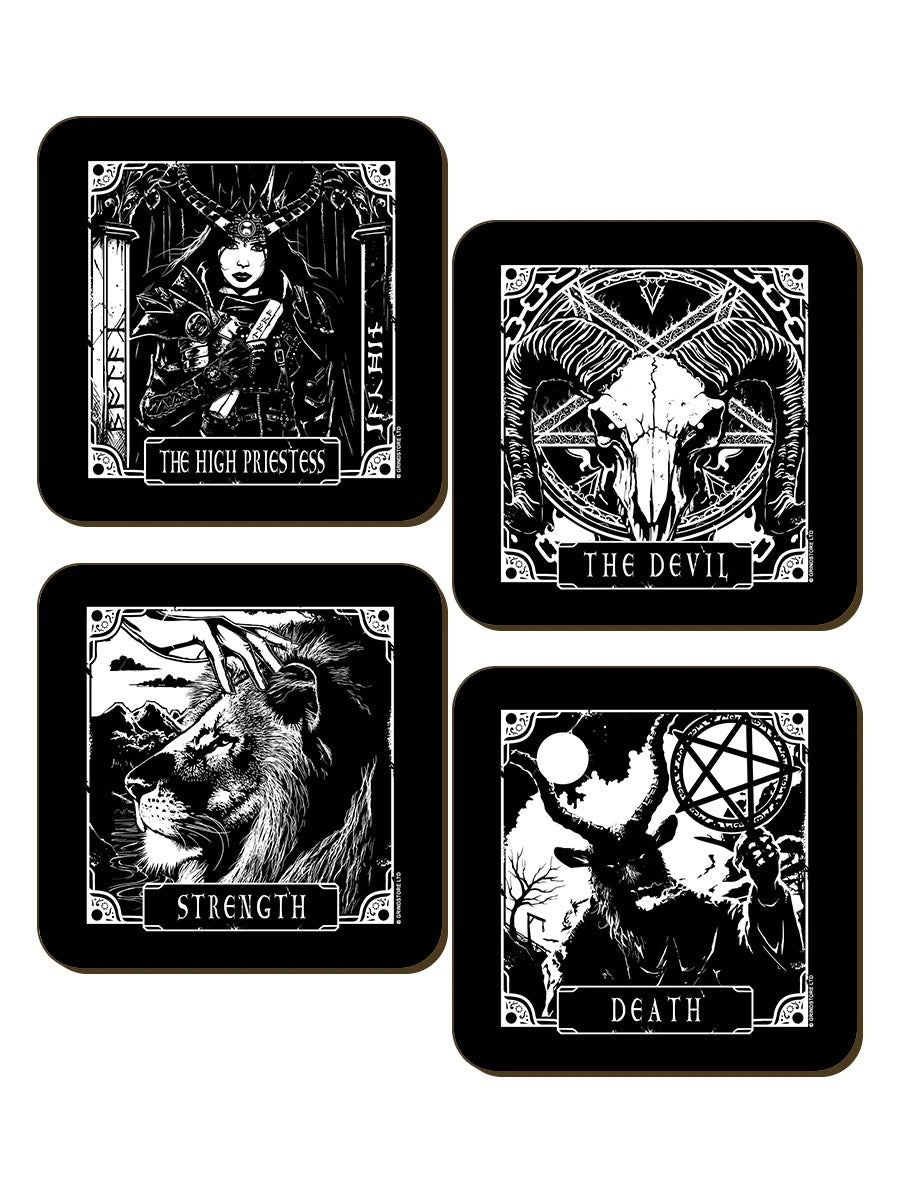 Tödliches Tarot – Tod, der Teufel, Stärke und die Hohepriesterin – 4-teiliges Untersetzer-Set