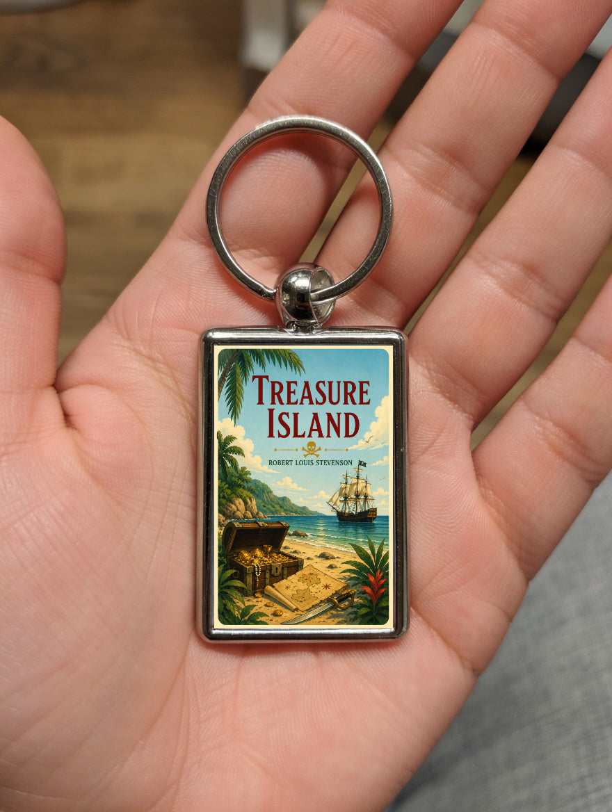 Treasure Island metal keyring shown in a hand