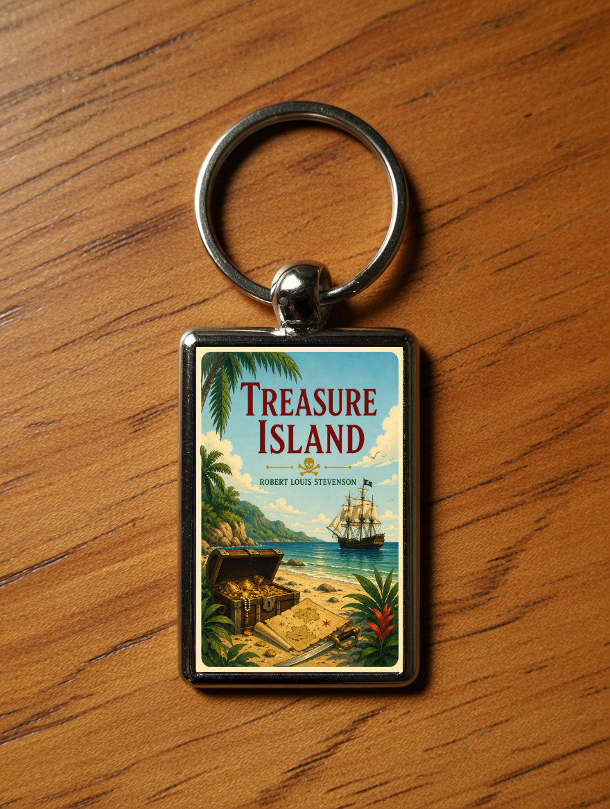 Treasure Island metal keyring on a wooden table