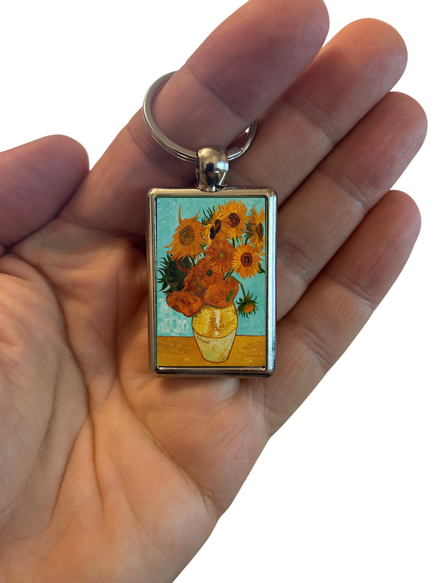 Van Gogh Sunflowers Keyring – Art Print Metal Keychain – Floral Art Gift for Her