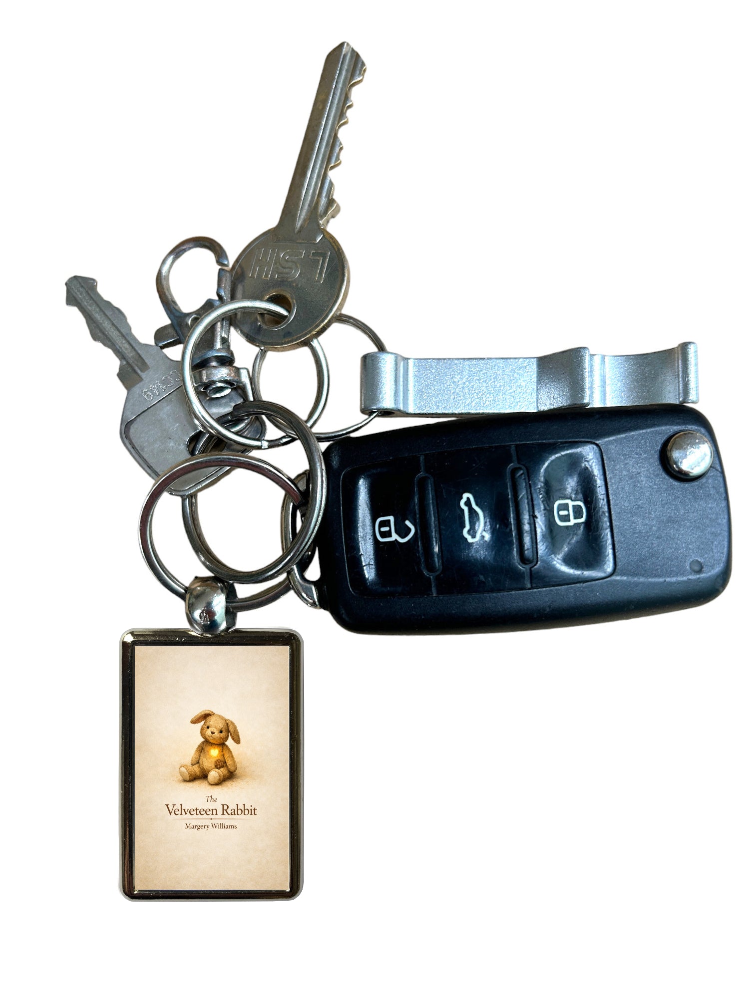 The Velveteen Rabbit metal keyring attached to keys