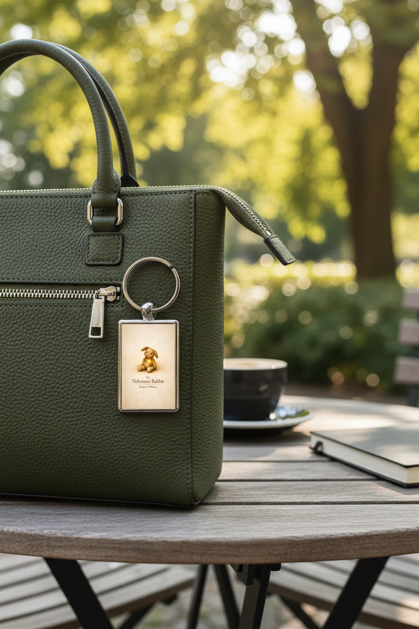 The Velveteen Rabbit metal keyring attached to a handbag
