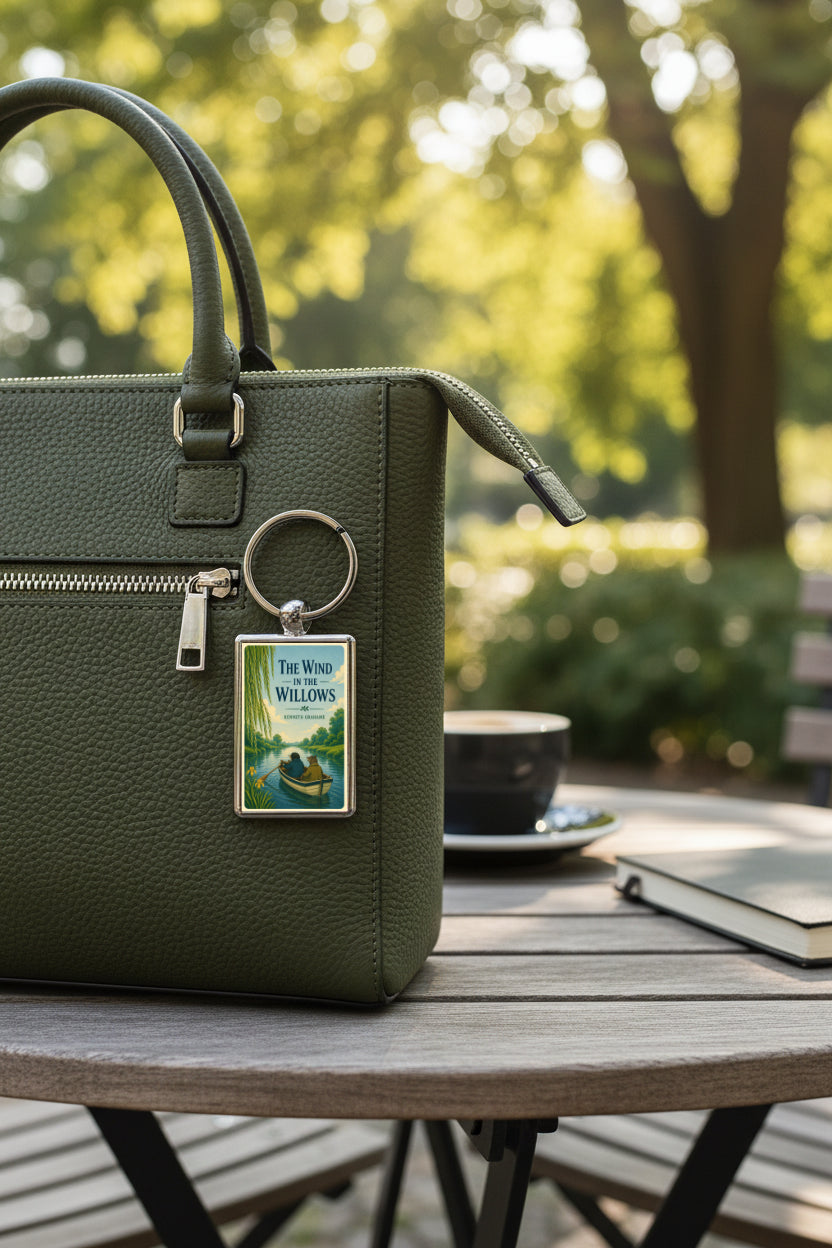The Wind in the Willows metal keyring attached to a handbag