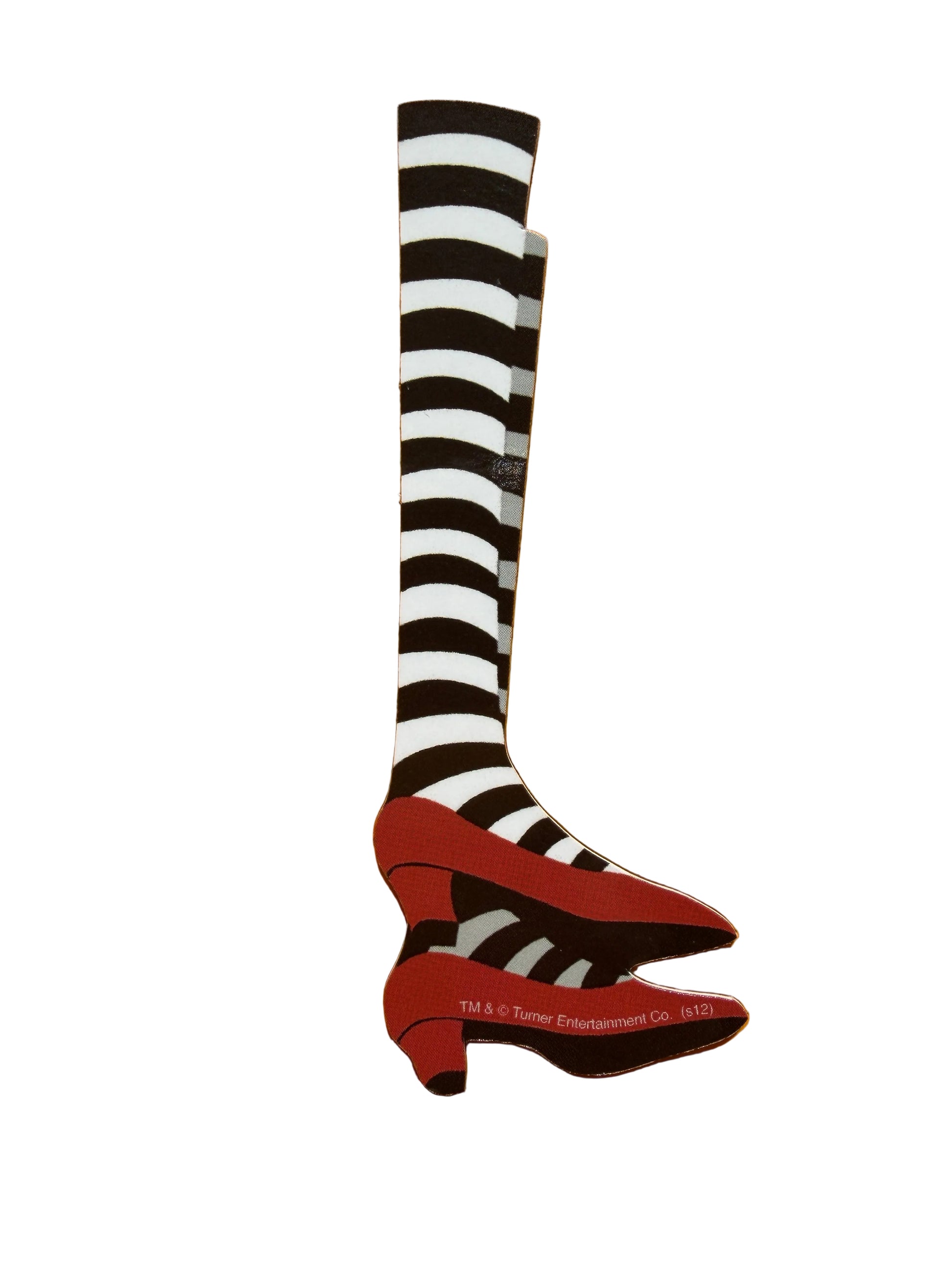 Black and white striped knee-high socks with red shoes on a white background