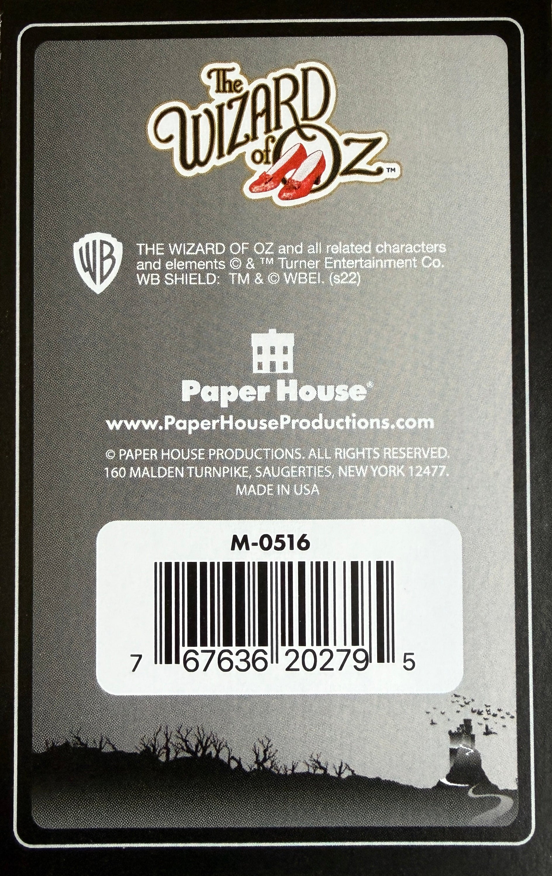 Back of a product packaging with 'The Wizard of Oz' branding and Paper House Productions details.