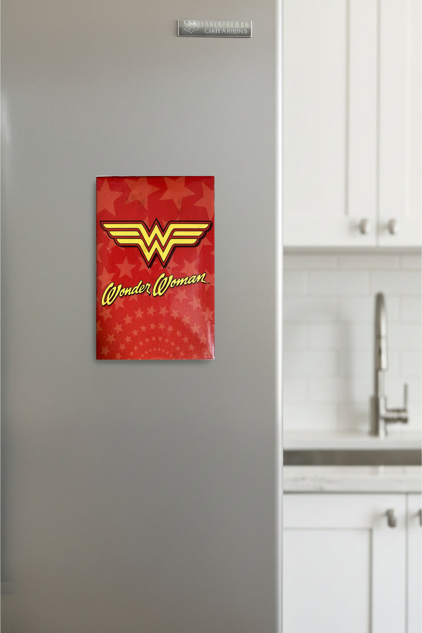 Fridge magnet with Wonder Woman logo on a refrigerator in a kitchen setting