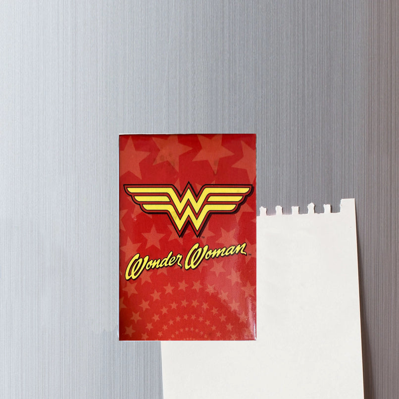 Red banner with Wonder Woman logo and text on a gray background
