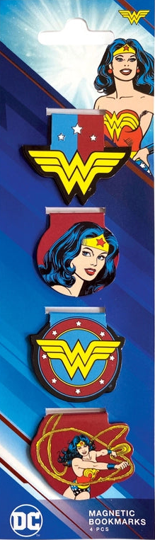 Set of Wonder Woman magnetic bookmarks with logo and character images on a blue background.