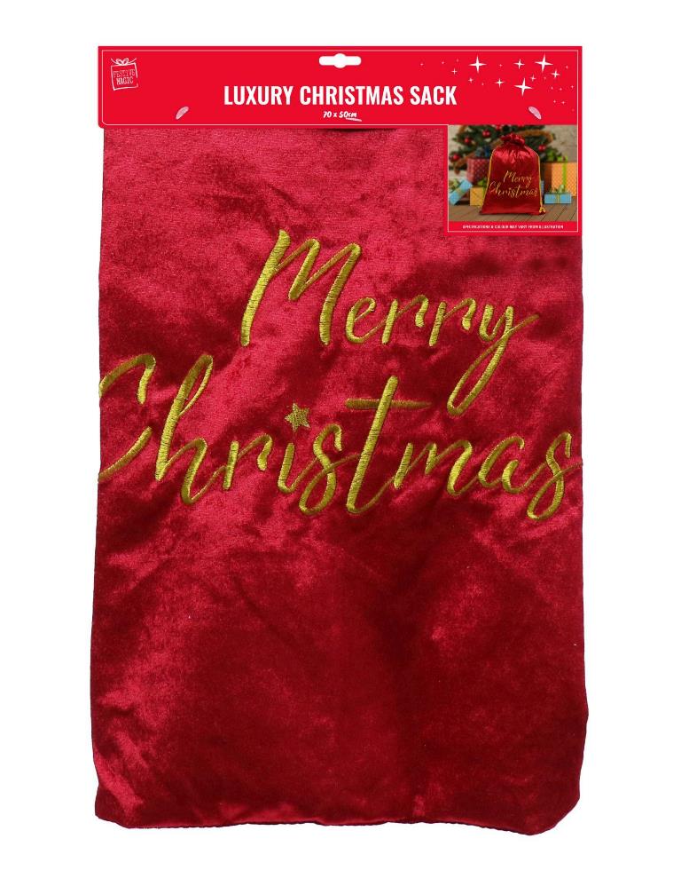 Deluxe Velvet Santa Sack – Gold Embroidered Merry Christmas | 50×70 cm Drawstring Gift Bag