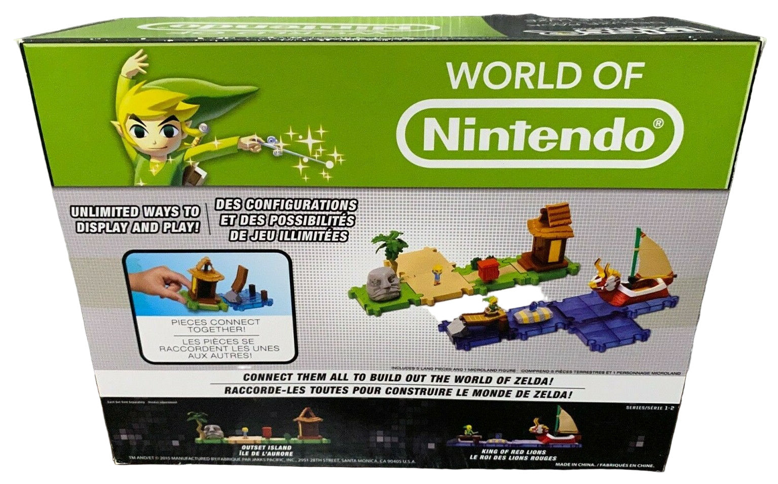 World of Nintendo packaging with toy figures and Zelda character on a green and white background