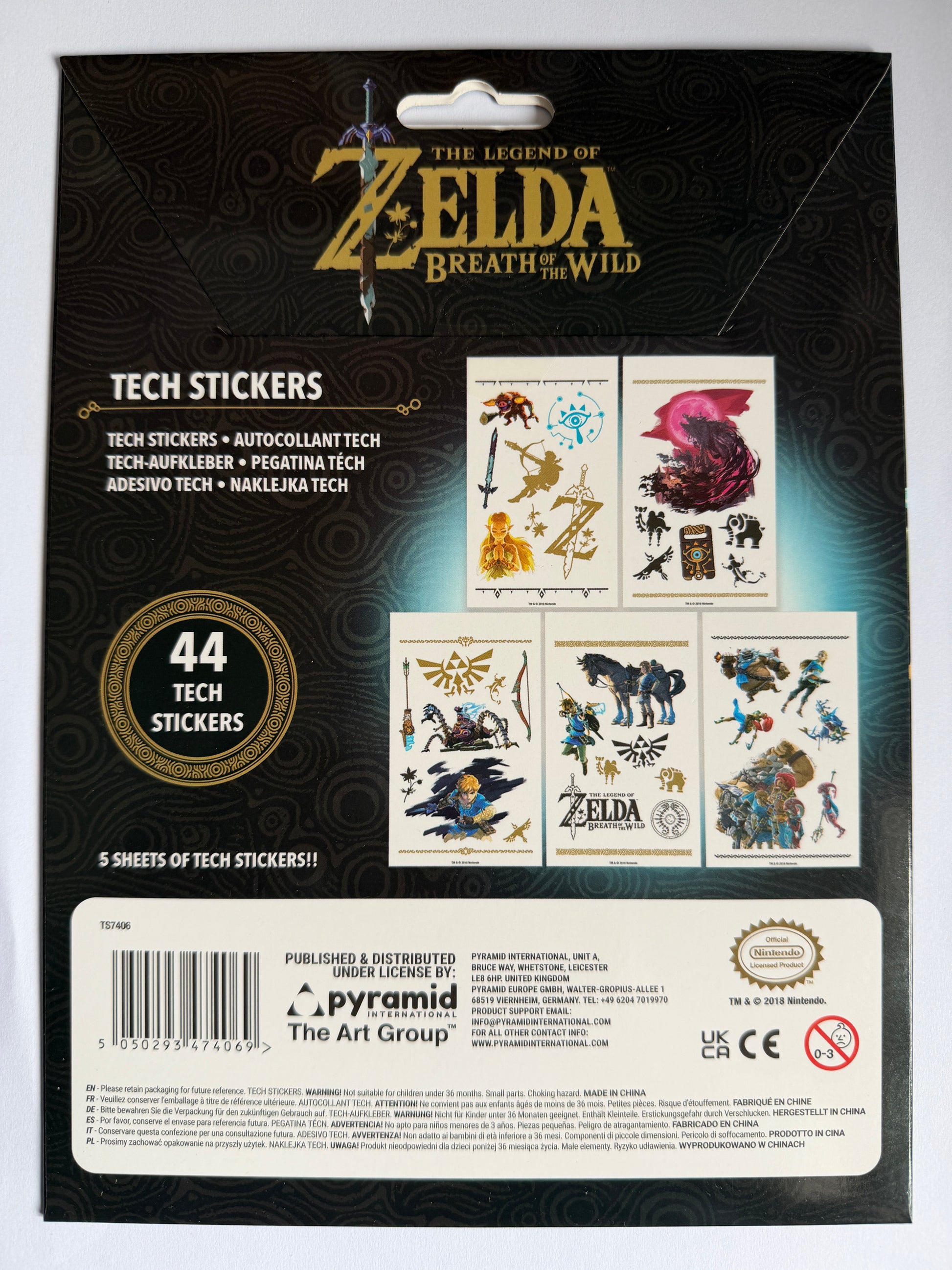 Packaging of 'The Legend of Zelda: Breath of the Wild' tech stickers with branding and product details.