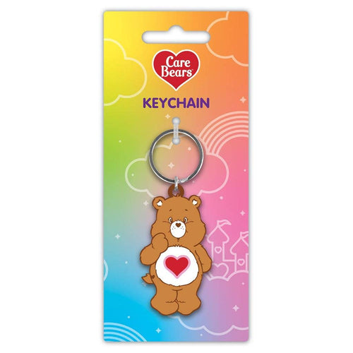 Care Bears keychain in a colorful package with a rainbow gradient.