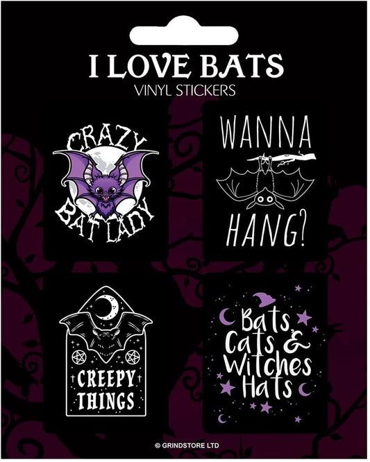 I Love Bats Vinyl Stickers - Set of 4, Gothic Bat-Themed Designs