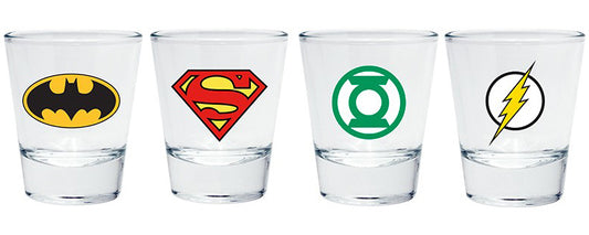 Ensemble de verres à liqueur avec emblèmes DC Comics Batman, Superman, Flash et Green Lantern