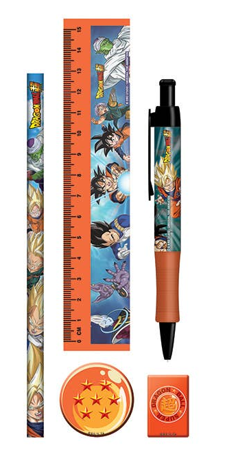 Dragon Ball set featuring a pencil, ruler, pen, eraser, and two small accessories with colorful anime character illustrations on a white background.