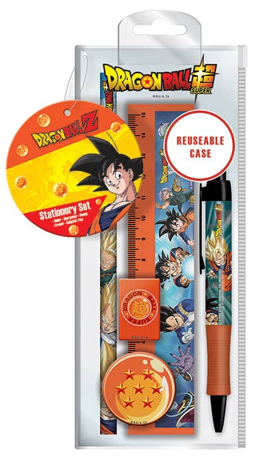 Dragon Ball Z themed stationery set in a clear plastic clamshell package, including a ruler, pen, orange stamp, and round character sticker, with Dragon Ball branding visible.