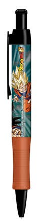 A retractable pen with a black top and bottom, featuring a colorful Dragon Ball Z anime graphic on the barrel, and an orange grip at the base.